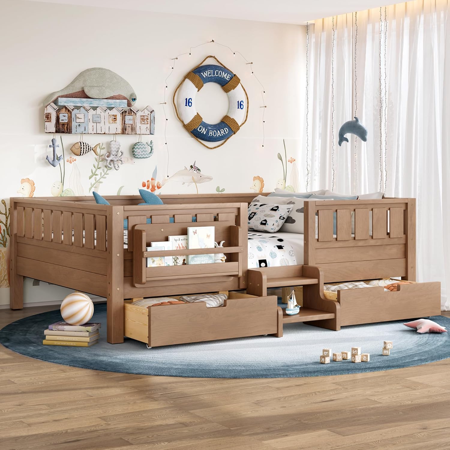 Bellemave Full Size Kids Montessori Bed with Stairs and Bookshelf,Solid Wood Full Size Kids Bed Frame with 2 Storage Drawers for Kids Girls Boys,Low-Profile,Natural