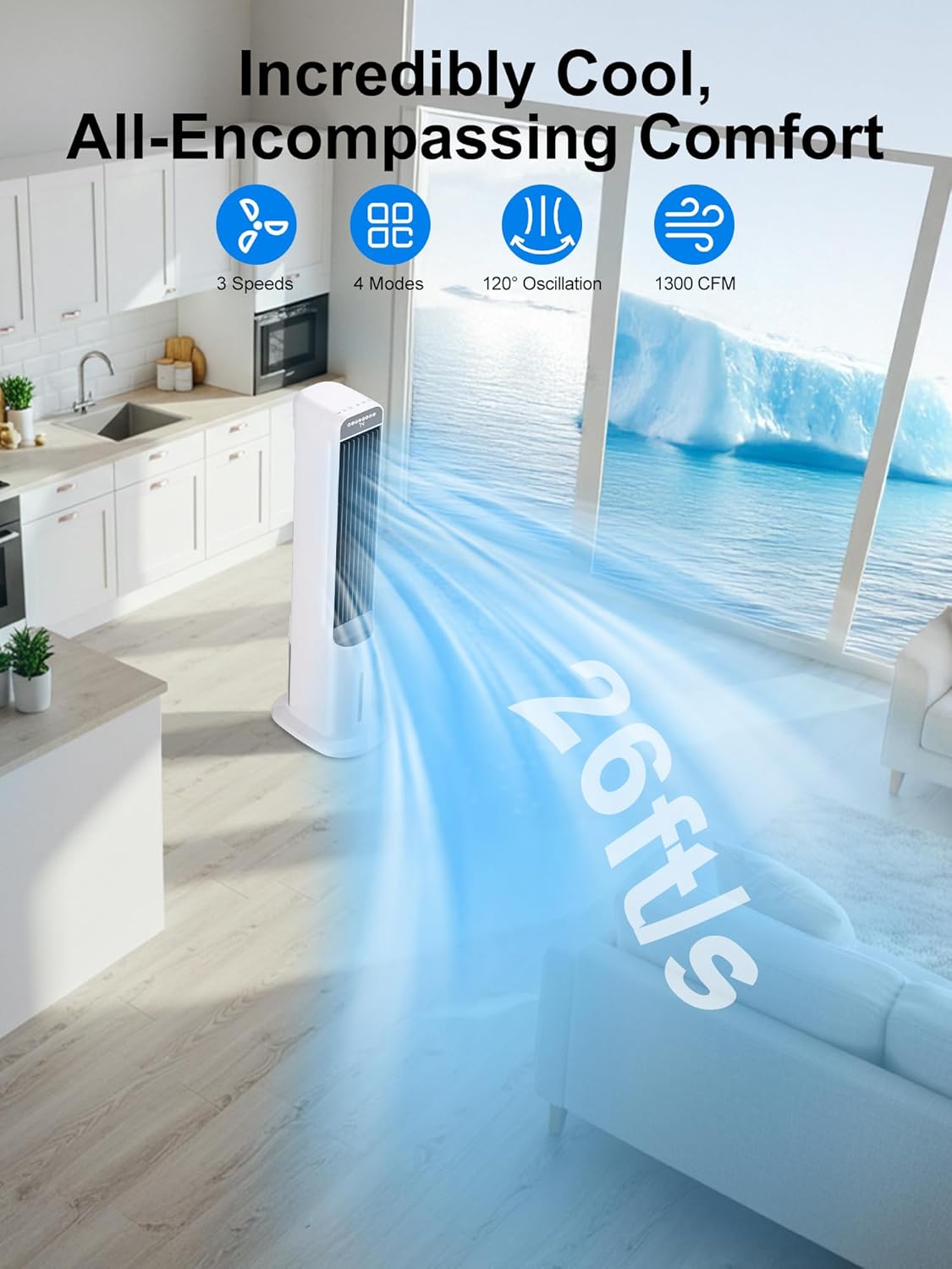 Uthfy 41" Swamp Cooler Air Conditioners, Cooling Fans that Blow Cold Air with 120° Oscillation, 4 Modes, 3 Speeds, 4 Ice Packs, 4L Removable Water Tank, Remote & Touch Control, White