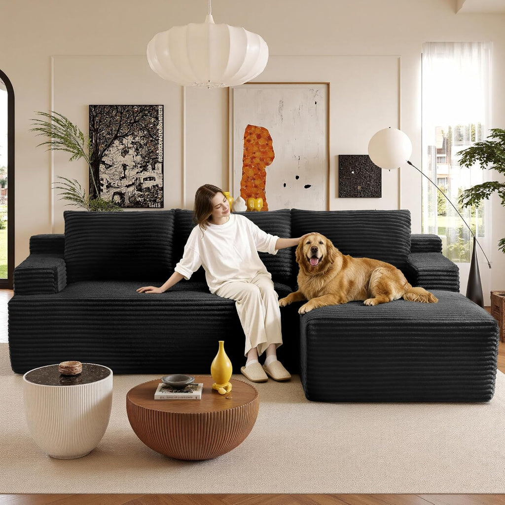 96" Sectional Couches for Living Room Cloud Couch Sofa with L-Shape Upholstered Boneless Couchs Modern Modular Sectional Couch with Chaise (Black, 96" W+Right Facing Chaise+2Seaters)