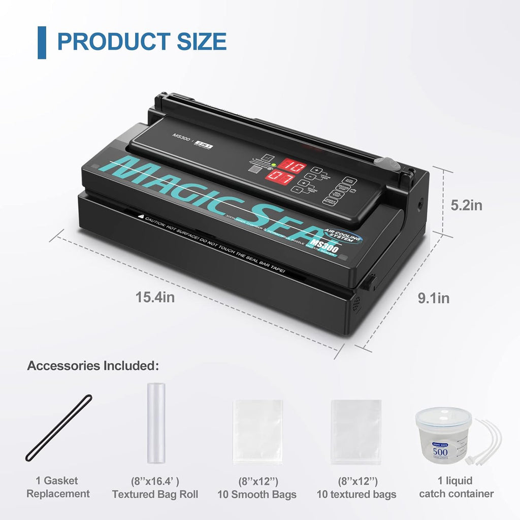 MAGIC SEAL MS300 Precision Vacuum Sealer Machine, Commercial Double Pump Food Sealer with Built-in Auto Cooling System, Compatible with Mylar, Smooth and Embossed Bags, Extra Wide 8 mm Seal