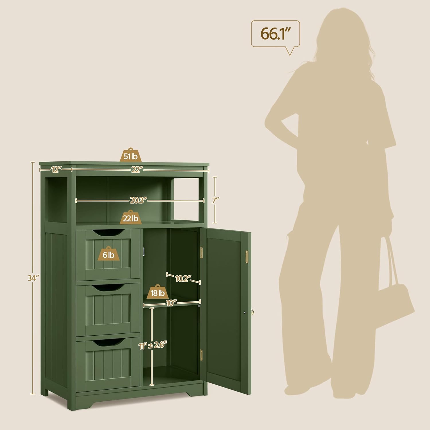 Yaheetech Bathroom Storage Cabinet, Storage Organizer with 1 Door and 3 Drawers, Adjustable Shelf, Free-Standing Floor Cabinet Cupboard for Kitchen/Living Room/Bathroom, Green