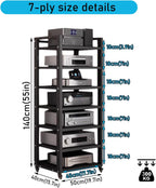 7 Tier Audio Rack Tower  CD Record Player Stereo Receiver AV Equipment Cabinet Display Rack  Weight Capacity 661 lbs  with Adjustable Wooden Shelves for Home (7 Tier Black)