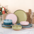 AmorArc Ceramic Dinnerware Sets for 4, 12 Pieces Handpainted Plates and Bowls Set with Rustic Terracotta Underside, Scratch Resistant Stoneware Dishes Set, Dishwasher & Microwave Safe, Multi-Color