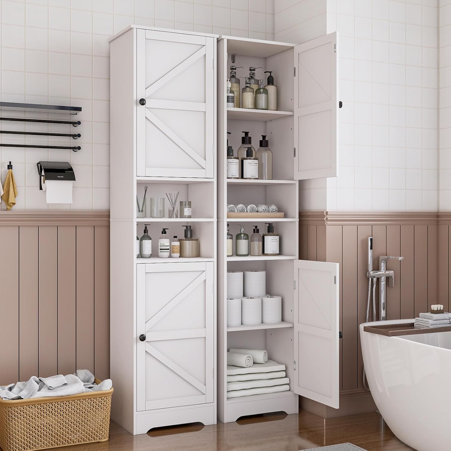 Viaozutis Tall Bathroom Storage Cabinet, Vertical Freestanding Organizer with Adjustable Shelf, Slim Design for Small Bathrooms, Towels & Toiletries Storage（White）
