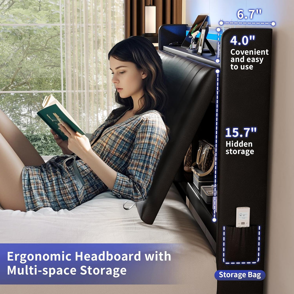 Queen Size Floating Bed Frame with Ergonomic Hidden Storage Headboard and LED Lights, Visual Floating LED Bed Frame with Charing Station, Leather Upholstered Platform Bed, Heavy Duty, Black