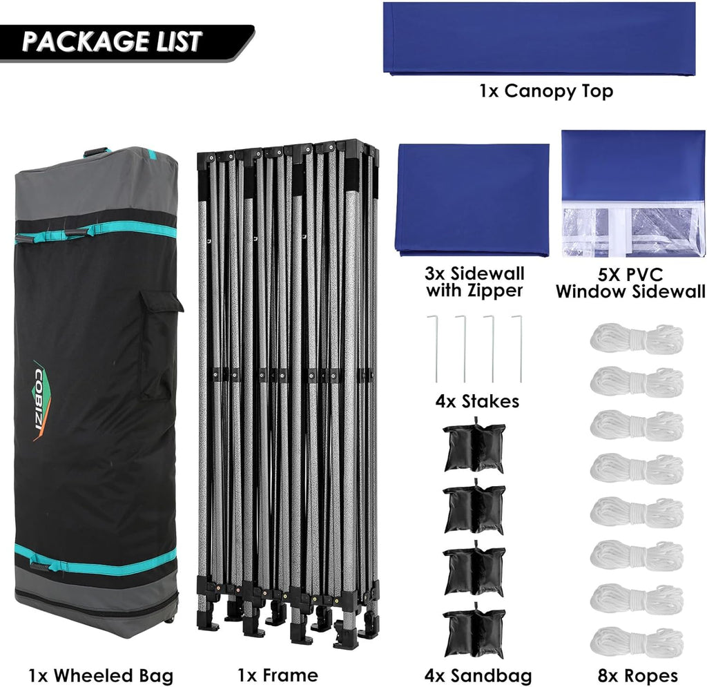 COBIZI 10x30 Pop up Canopy Tent 10x30 Canopy with Sidewalls  Heavy Duty Party Tent Tents for Parties  Foldable UPF 50+ Waterproof Commercial Easy up Canopy with Roller Bag  Navy Blue(Windproof)