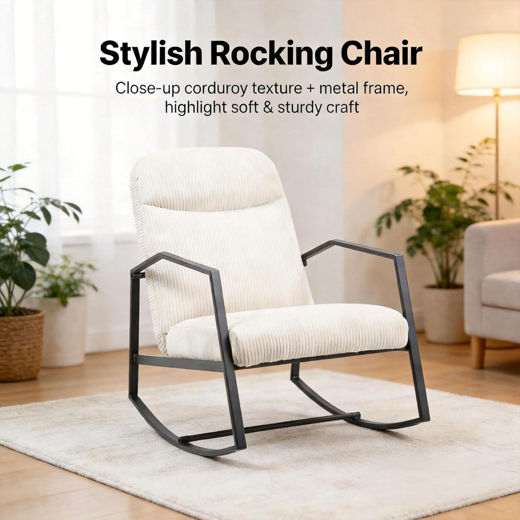 Kinfant Mid Century Modern Rocking Chair, Corduroy Upholstered Accent Chair with Metal Frame, High Back Nursery Glider Rocker, Comfy Reading Lounge Chair for Living Room Bedroom Small Space (Beige)
