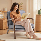 DUMOS Mid Century Accent Chair, Modern Living Room Chair with Arms and Waist Cushion, Reading Chairs for Adults, Lounge Chair for Bedroom, Solid Wooden Frame, Light Grey