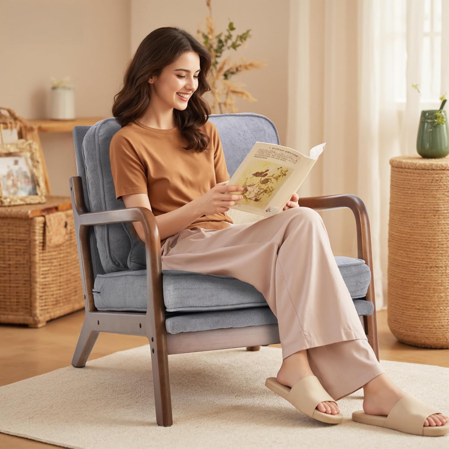 DUMOS Mid Century Accent Chair, Modern Living Room Chair with Arms and Waist Cushion, Reading Chairs for Adults, Lounge Chair for Bedroom, Solid Wooden Frame, Light Grey