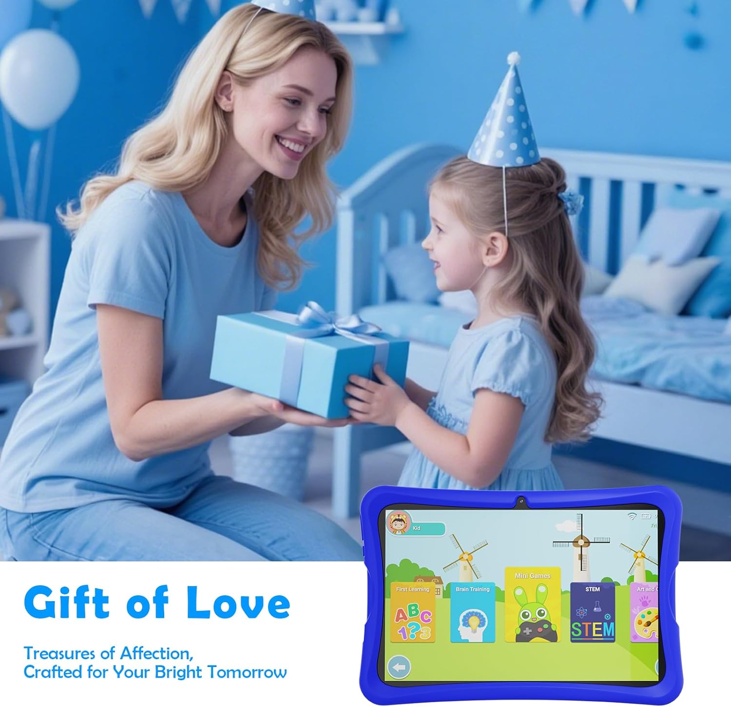 DigiLand Kids Tablet 10.1 inch,Android 15 Tablets,6GB RAM+64GB ROM (Expand to TF) Parental Control,Kids Software Pre-Installed,Dual Camera 2MP+5MP,Android Learning Tablet with Proof Case(Blue)