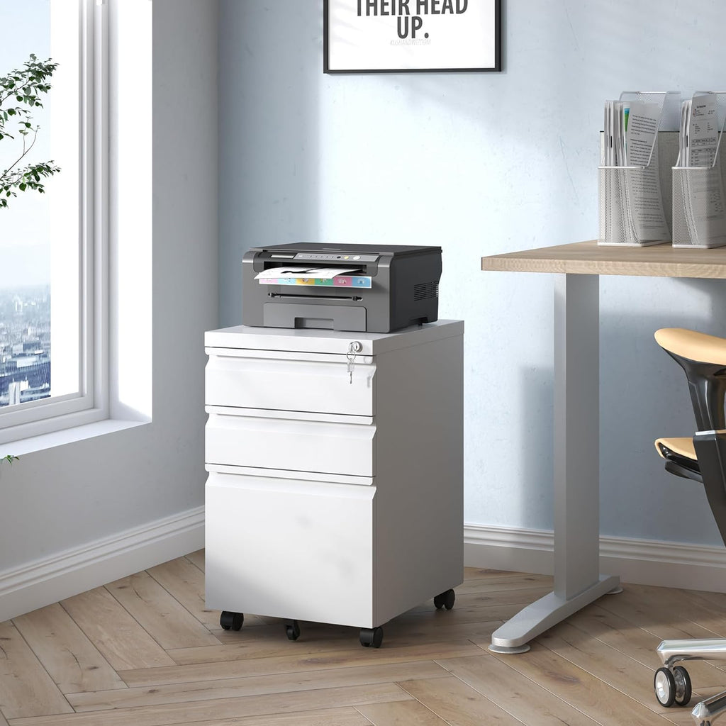 Guizeeopo 3 Drawer File Cabinet with Lock, File Cabinets for Home Office,Under Desk Cabinet, Locking File Cabinet for A4/Letter/Legal, Fully Assembled Expect Casters, Matte White