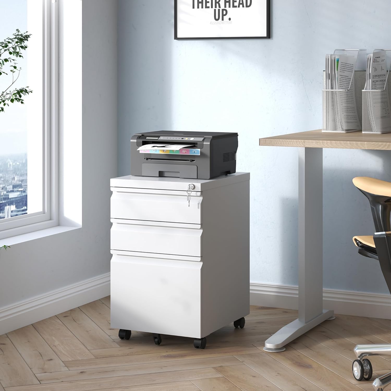 Guizeeopo 3 Drawer File Cabinet with Lock, File Cabinets for Home Office,Under Desk Cabinet, Locking File Cabinet for A4/Letter/Legal, Fully Assembled Expect Casters, Matte White
