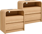 25" Tall Modern Nightstand Set of 2, 23.6'' Wide Wood Bedside Table w/2 Storage Drawers, Charging Station, Mid Century End Table for Bedroom, Living Room,Curved Profile Design, Natural Oak | Modern, Set of 2, Bedside Table, 2 Storage Drawers, Chargin