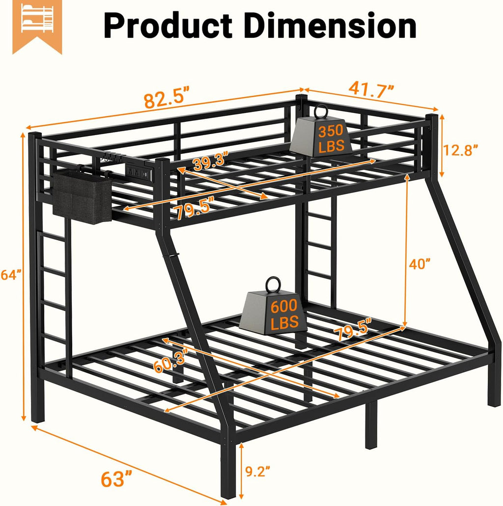 Twin XL Over Queen Bunk Bed, Metal Bunk Bed Frame Heavy Duty Bunk Beds Loft Bed Frame with Ladder and Guardrail Metal Slats No Box Spring Required for Adults Teens, Black
