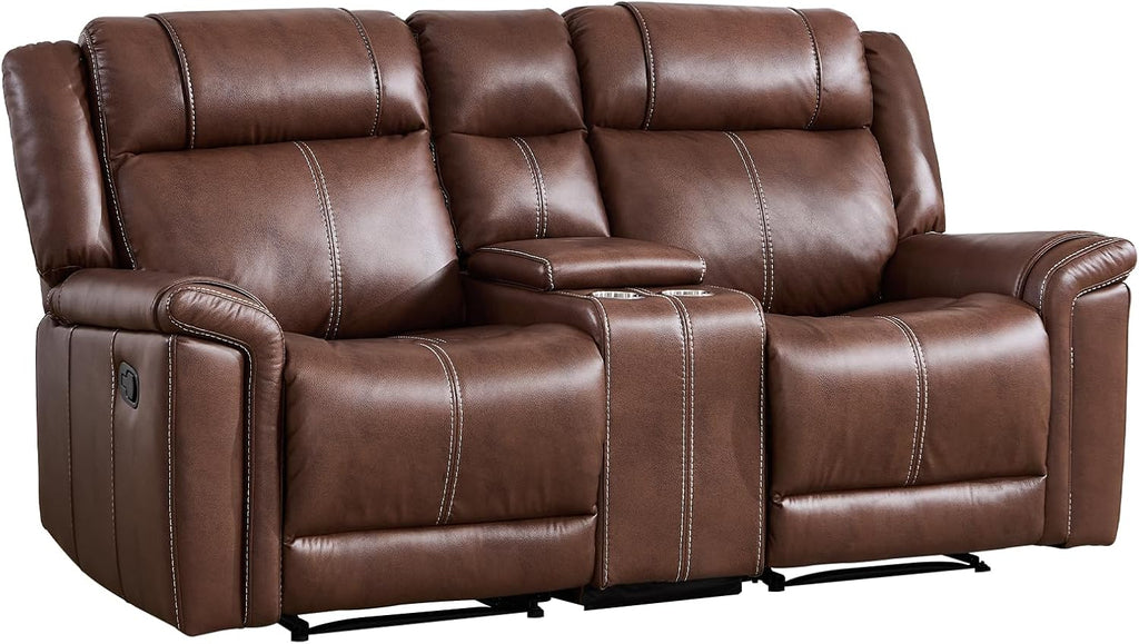 EBELLO Faux Leather Recliner Loveseat Sofa, Manual Reclining Couch, Mid-Century Modern 2-Seater Chair with Handy Cup Holders and Storage Space, for Living Room, Meeting Room, Brown