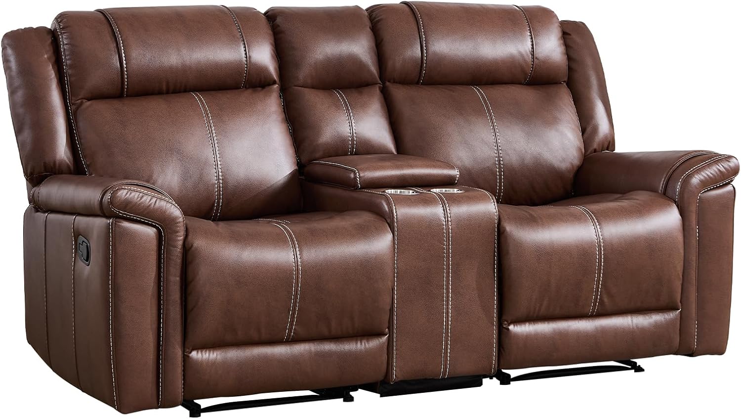 EBELLO Faux Leather Recliner Loveseat Sofa, Manual Reclining Couch, Mid-Century Modern 2-Seater Chair with Handy Cup Holders and Storage Space, for Living Room, Meeting Room, Brown