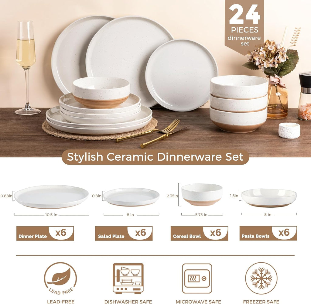 AmorArc Ceramic Dinnerware Sets with Pasta Bowls for 6, Handpainted Plates and Bowls Set with Rustic Terracotta Underside, Scratch Resistant Dishes Set, Dishwasher & Microwave Safe, 24 Pcs