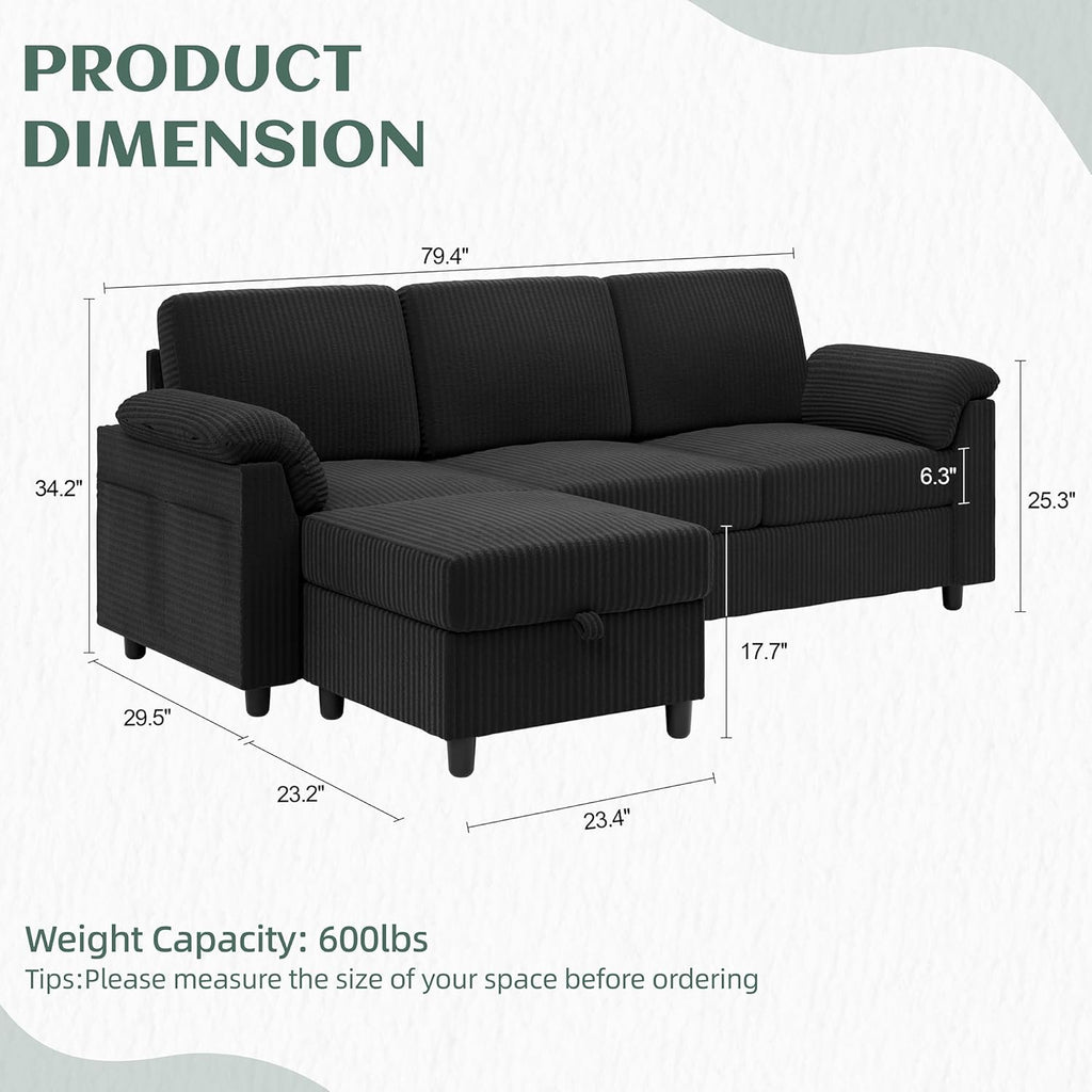 Vongrasig 79" Convertible Sectional Couch Sofa with Storage Ottoman, 3 Seat L Shaped Couch with Side Storage Pockage, Small Couches for Living Room, Apartment and Small Space, Black