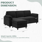 Vongrasig 79" Convertible Sectional Couch Sofa with Storage Ottoman, 3 Seat L Shaped Couch with Side Storage Pockage, Small Couches for Living Room, Apartment and Small Space, Black