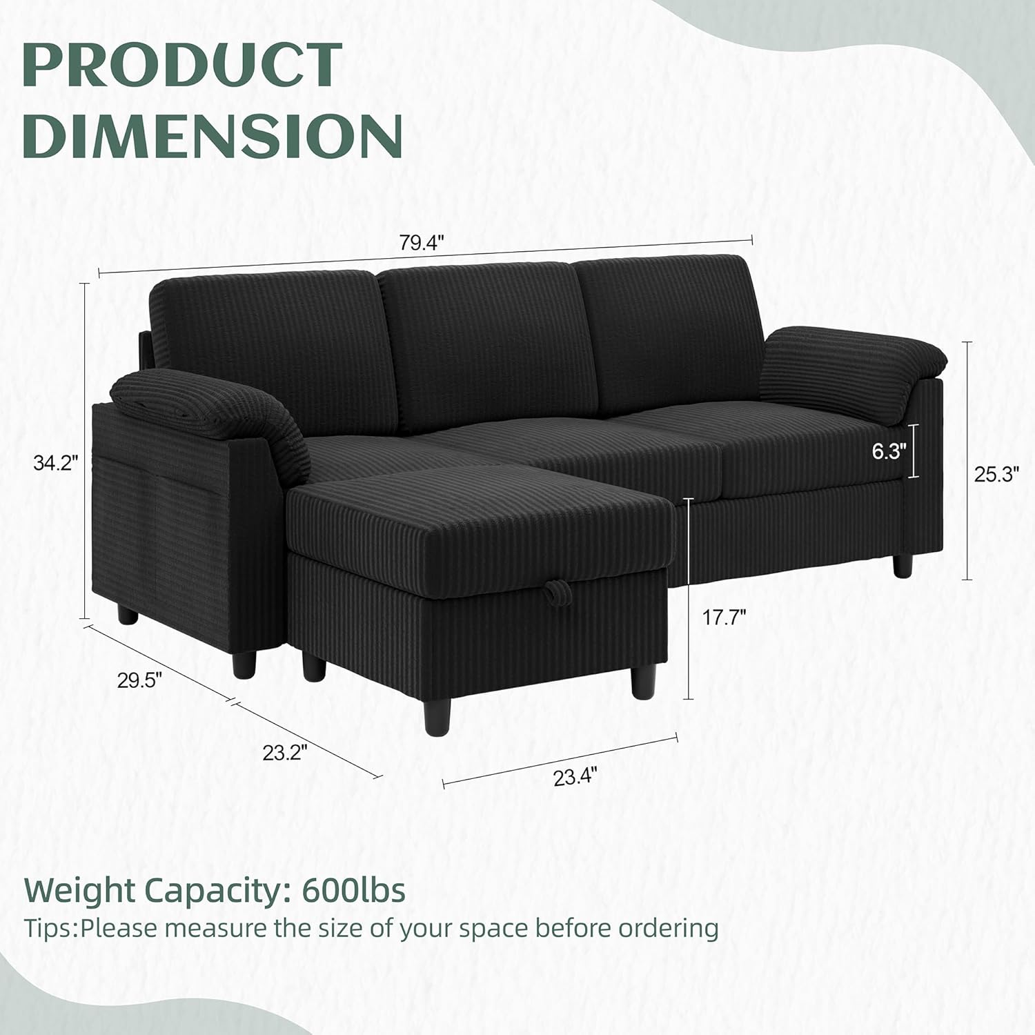 Vongrasig 79" Convertible Sectional Couch Sofa with Storage Ottoman, 3 Seat L Shaped Couch with Side Storage Pockage, Small Couches for Living Room, Apartment and Small Space, Black
