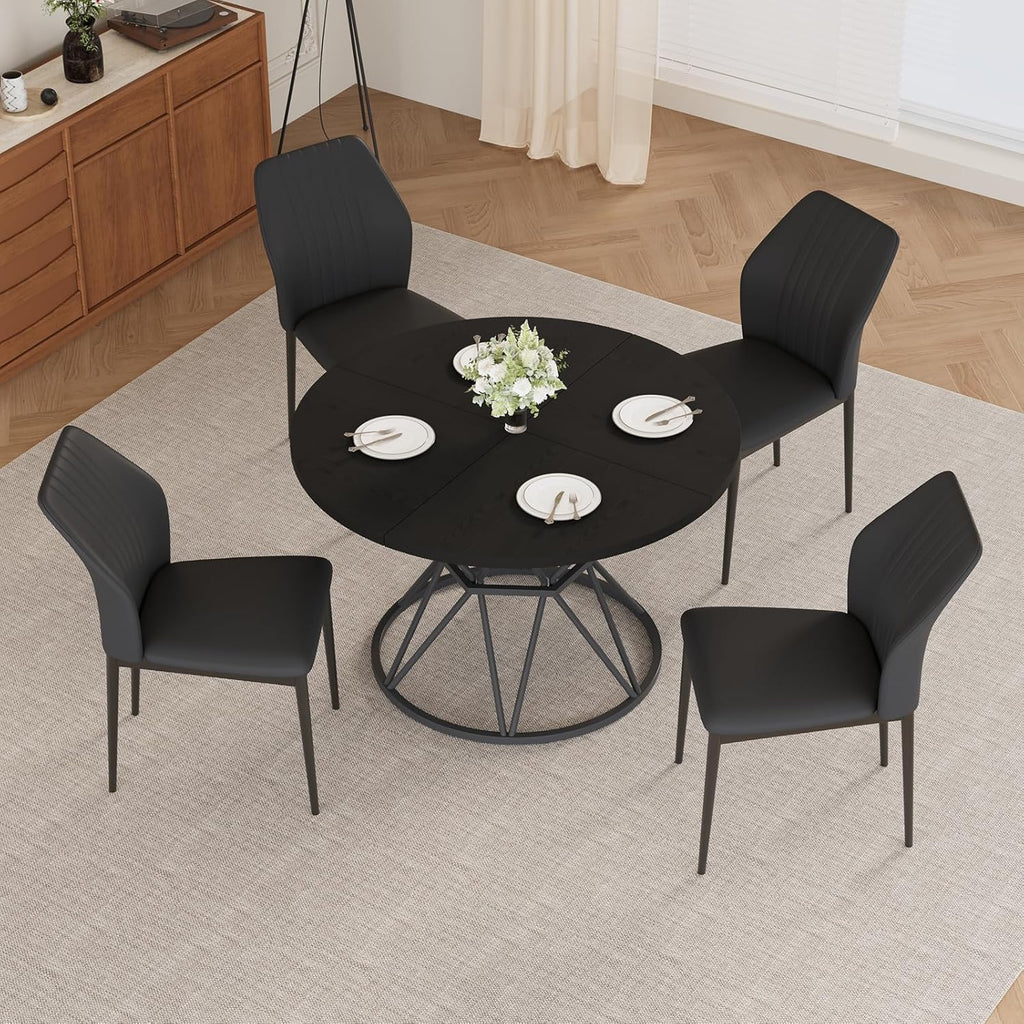 47.24" Round Dining Table Set for 4, 5 Piece Dining Room Table Set, Circle Kitchen Table and Chairs for Dining Room, Living Room, Kitchen, Apartment(Black Table + 4 Black Faux Leather Chairs)