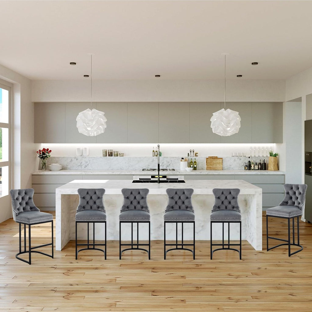 UVV Counter Height Bar Stools Set of 2, 26" Modern Barstools with Back, Velvet Upholstery Counter Chairs with Metal Legs for Kitchen Island, Bar, Counter, Gray
