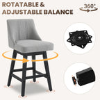 27'' Counter Height Bar Stools Set of 2, Swivel Bar Stools with Backs, Modern Fabric Bar Stools for Kitchen Island, Solid Wood Legs, Adjustable Feet (Fabric - Dark Gray, Set of 2-27" H)