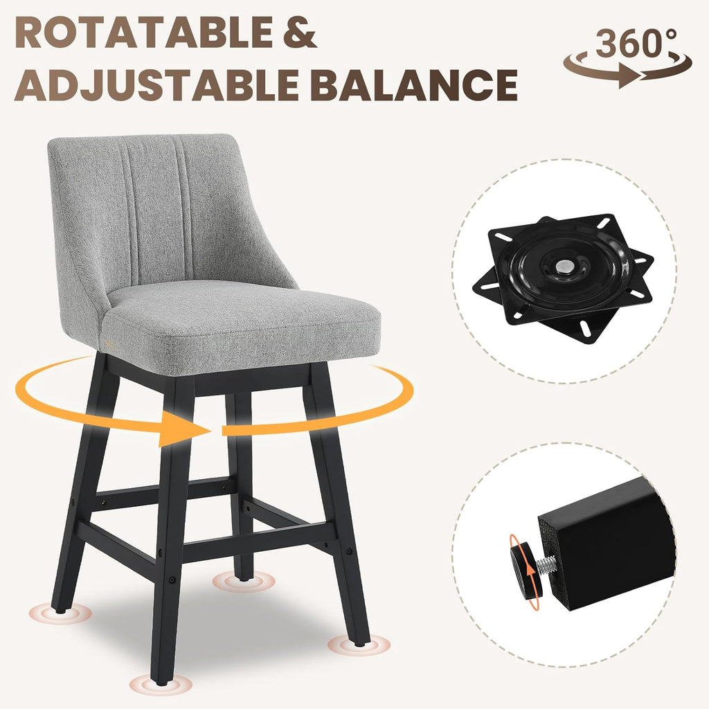 27'' Counter Height Bar Stools Set of 2, Swivel Bar Stools with Backs, Modern Fabric Bar Stools for Kitchen Island, Solid Wood Legs, Adjustable Feet (Fabric - Dark Gray, Set of 2-27" H)