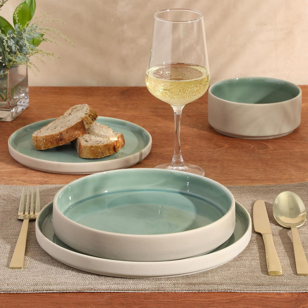 Gibson Elite Liberty Bay 16-Piece Pottery Clay Stoneware Dinnerware Set – Mint Green Reactive Glaze, Stackable Plates and Bowls W/Pasta Bowl, Service for 4 – Microwave & Dishwasher Safe