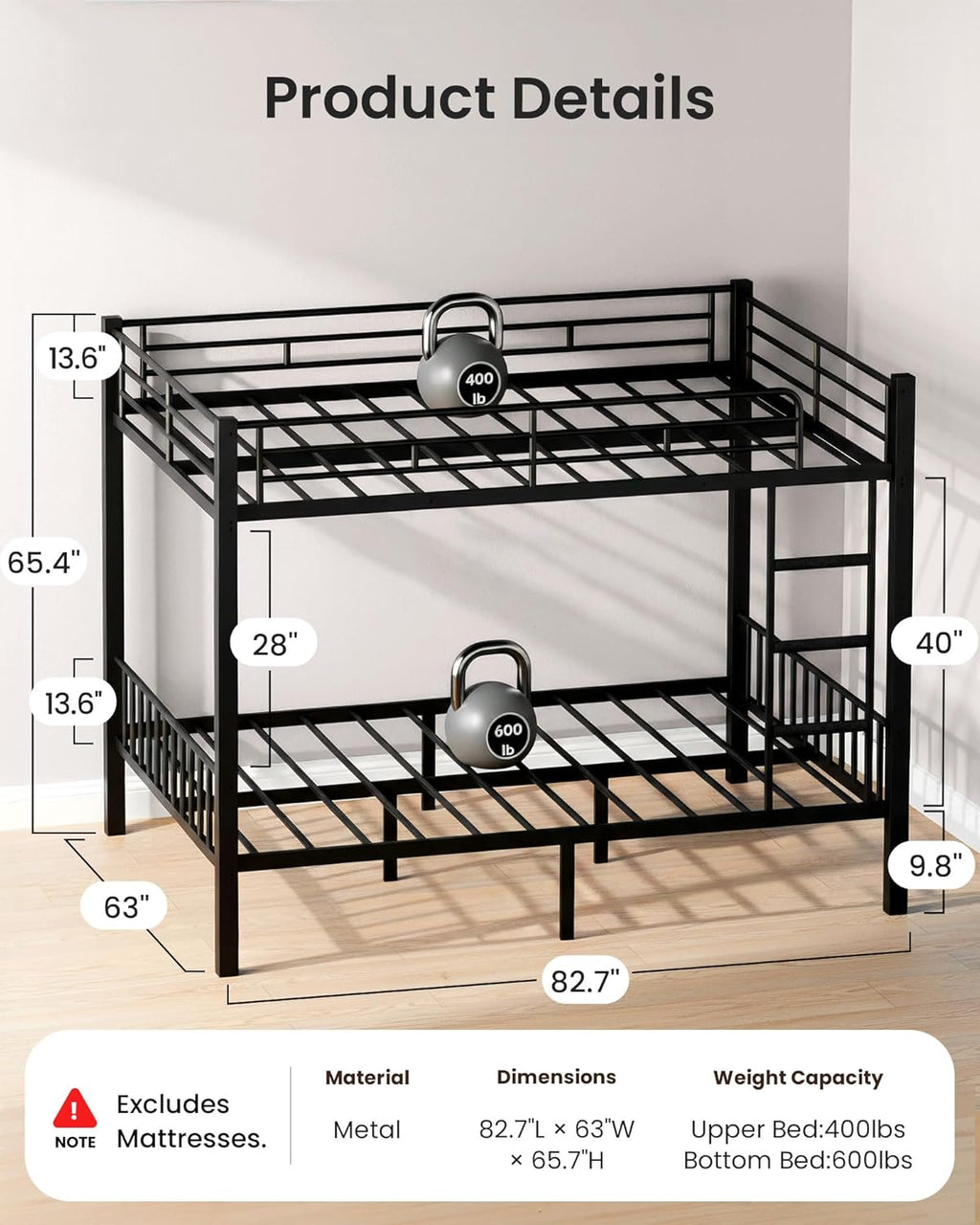 Queen Over Queen Bunk Bed for Adults & Teens, Heavy Duty Metal Bunk Bed with EVA Anti-Slip Ladder & Full-Length Guardrails, Noise-Free Queen Bunk Bed Frame with Under-Bed Storage, Black