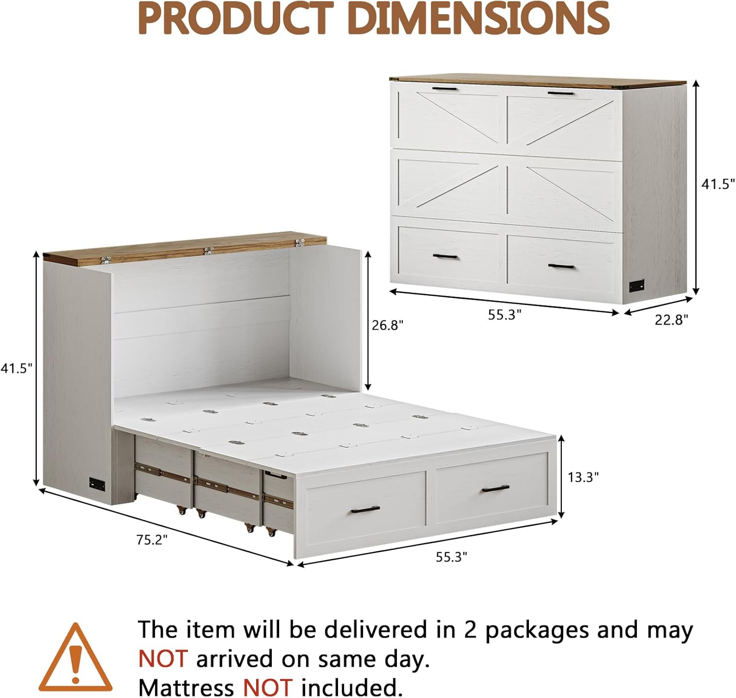 CHUWELL Full Size Murphy Bed with Charging Station & Drawer, Farmhouse Full Size Mobile Cabinet Bed Frame, Murphy Chest Bed Cabinet for Bedroom, Guest Room