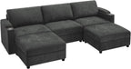 108'' Chenille Sectional Couch with Storage Armrests,U Shaped Upholstered Sofa with 2 Movable Ottomans, 5-Seat Modular Couch with Cup Holders for Living Room, Grey