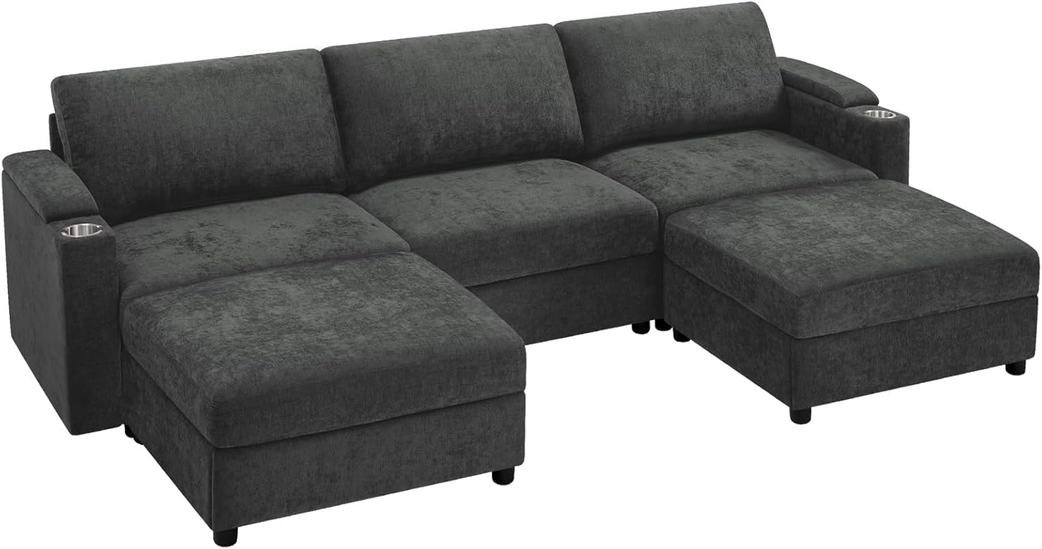 108'' Chenille Sectional Couch with Storage Armrests,U Shaped Upholstered Sofa with 2 Movable Ottomans, 5-Seat Modular Couch with Cup Holders for Living Room, Grey
