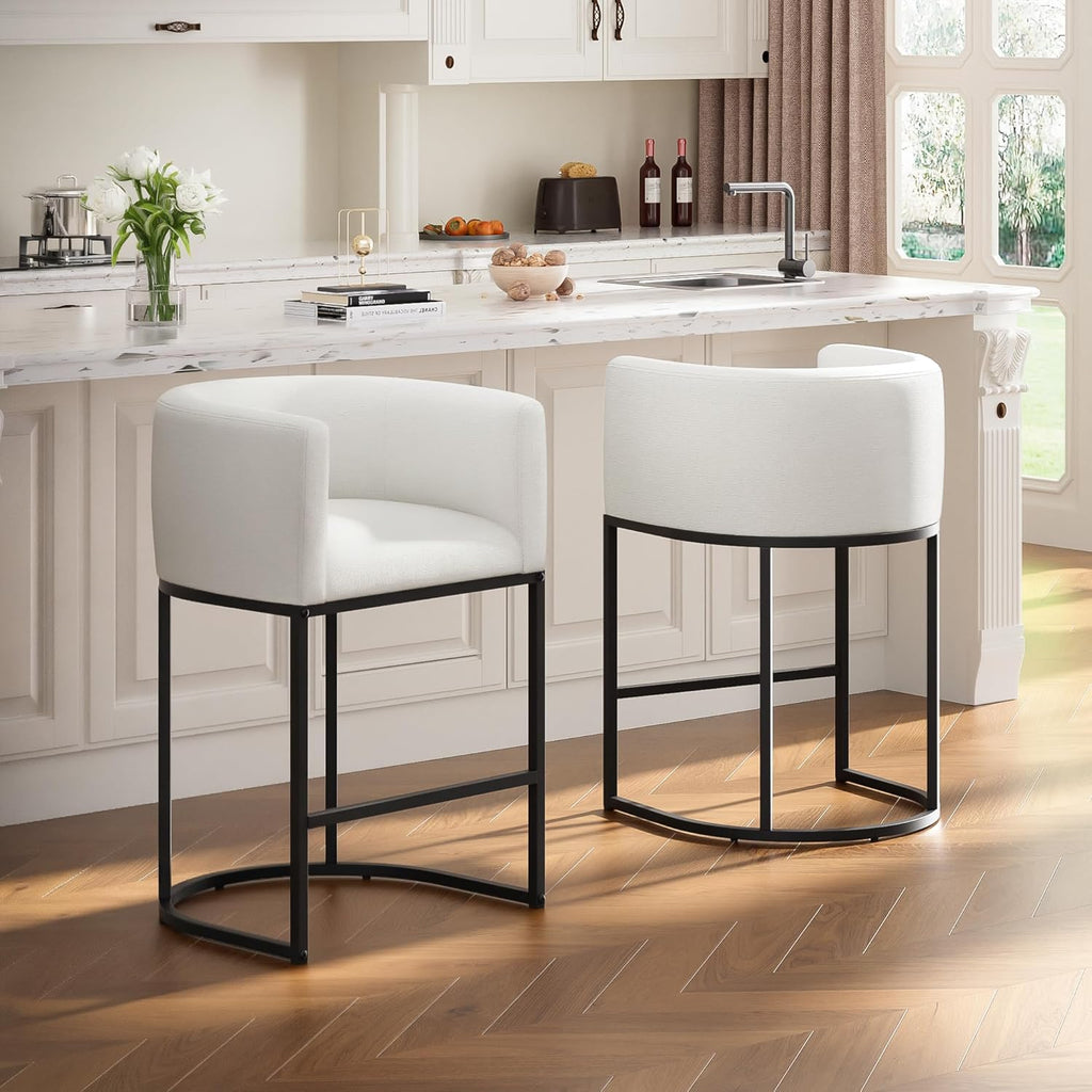 26" H Counter Height Bar Stools Set of 4, Modern Barrel Counter Stools with Backrest and Arms, Linen Fabric Upholstered Accent Barstools for Kitchen Island,Support 450 LBS (White)