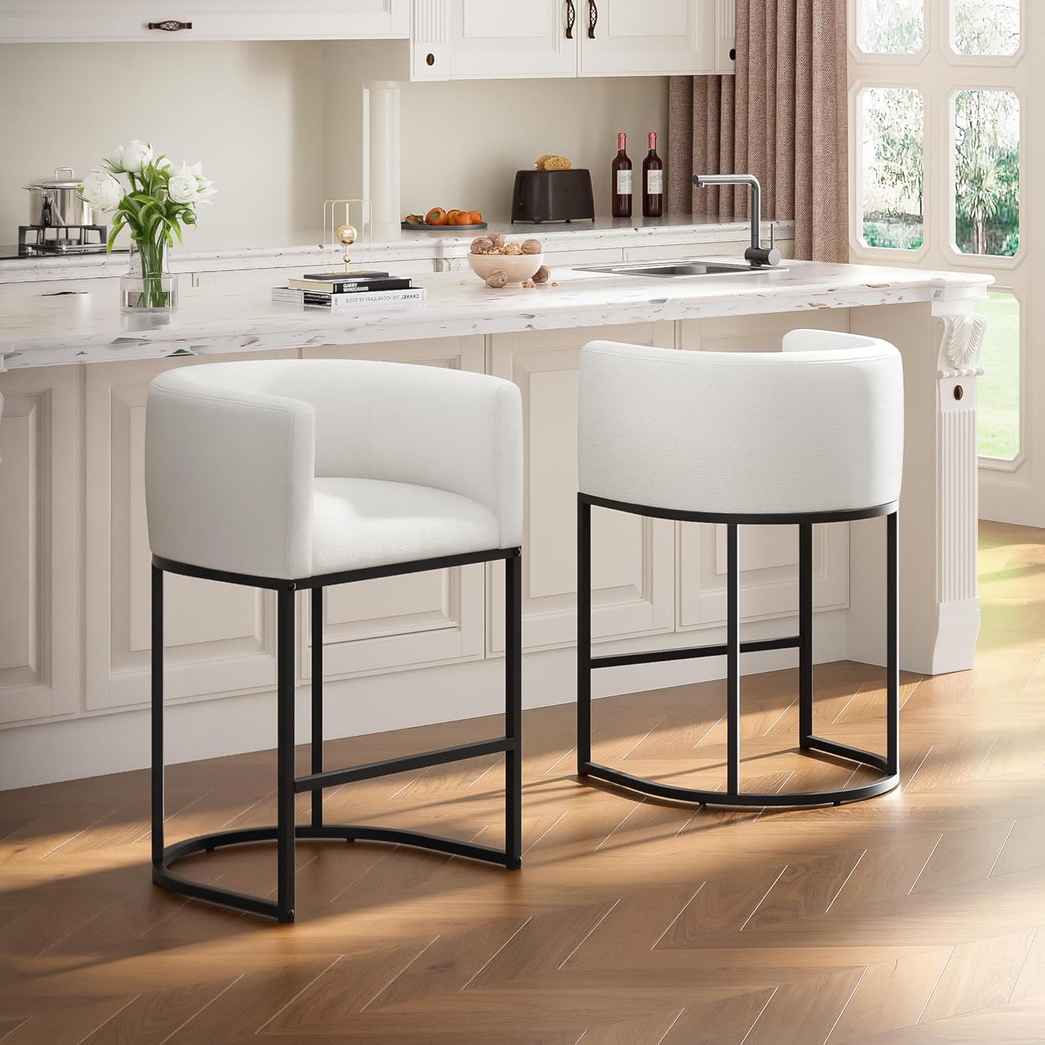 26" H Counter Height Bar Stools Set of 4, Modern Barrel Counter Stools with Backrest and Arms, Linen Fabric Upholstered Accent Barstools for Kitchen Island,Support 450 LBS (White)