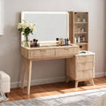 RedLemon 48" Fluted Vanity Desk with 36" Large HD Mirror and Lights, Modern Wood Glass Tabletop Makeup Table with Adjustable Storage Shelves, 5 Drawers, Charging Station for Bedroom, Natural Oak
