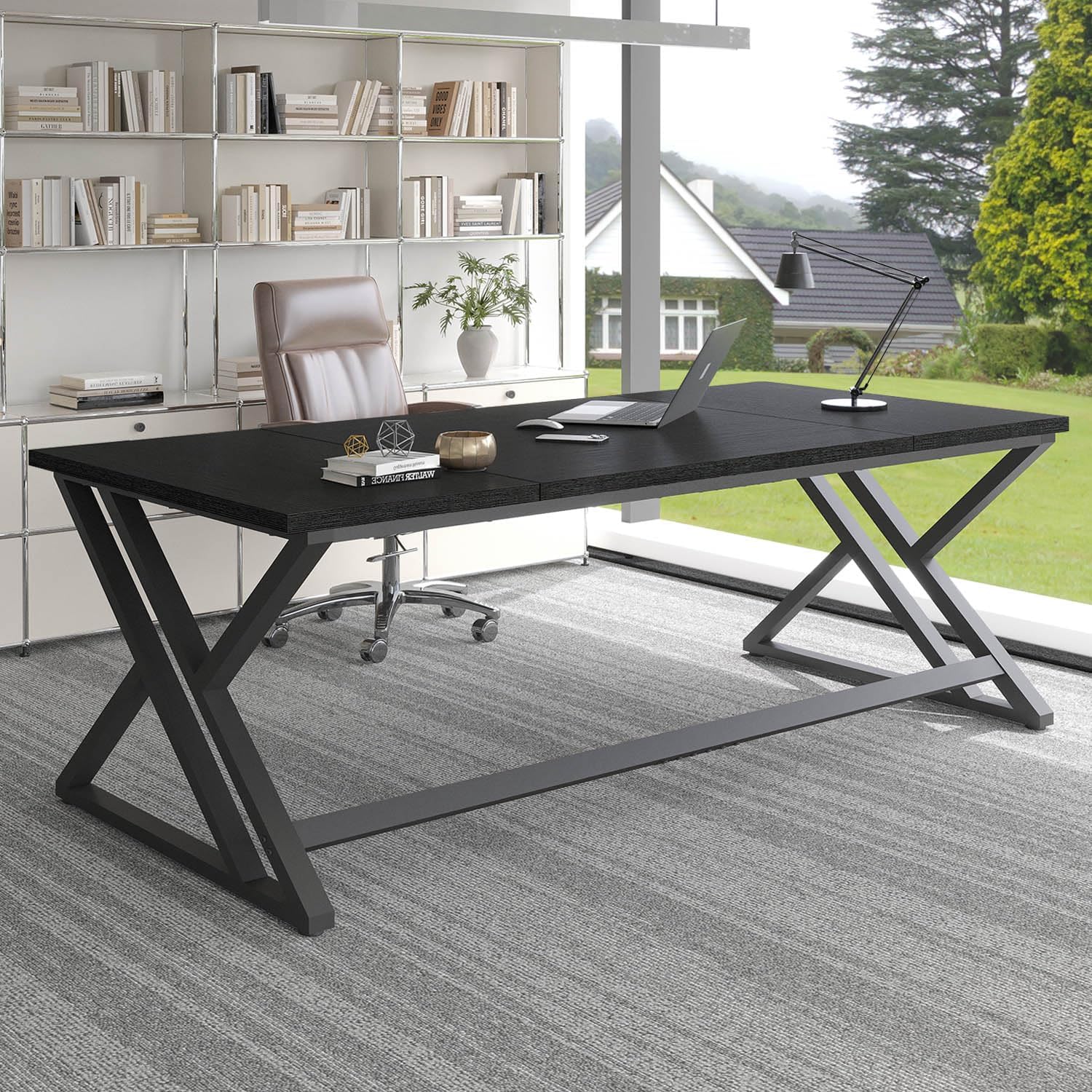 LVB 70.8" Black Computer Desk, Large Industrial Pc Study Home Office Desk, Long Modern Wood Gaming Work Writing Desk for 2 Person, Farmhouse Double Workstation Executive Desk with Storage in Bedroom