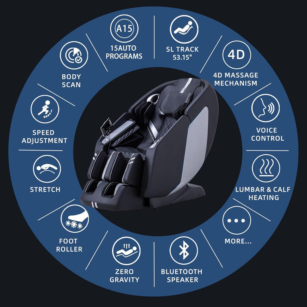 MassaMAX 4D Full Body Massage Chair for Daily Comfort Upgrade-Yoga Stretch, AI Voice Control, 55" SL Track, Zero Gravity, Extendable Footrest, 15 Modes, Foot Rollers, Waist & Calves Heating with Cover