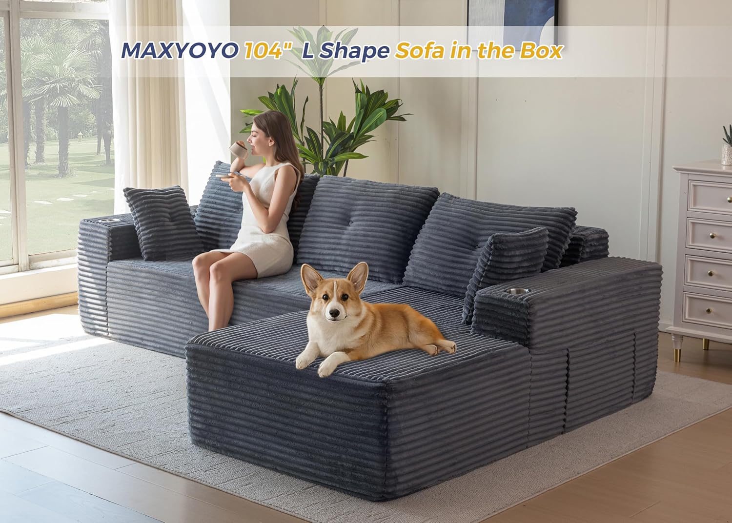 MAXYOYO 104" Modular Sectional Couch with L-Shape Chaise, Modern Boneless Couch for Living Room, Sofa in A Box, Oversized Sofa Sleeper with Deep Seat, No Assembly Required, Dark Grey