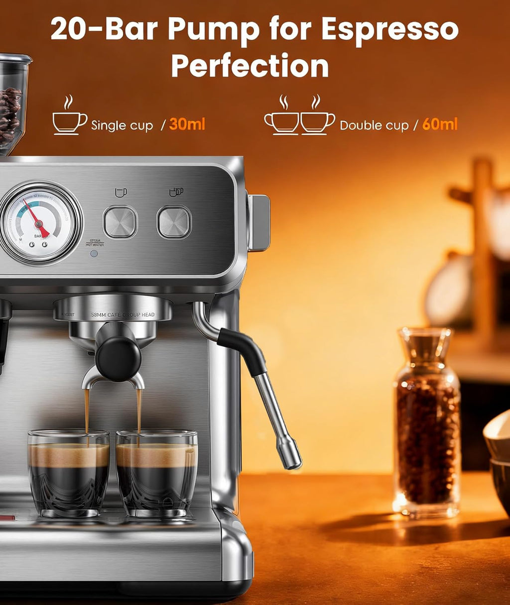 Dual Boiler Espresso Machine with Grinder, 20 Bar Espresso Machines-Use Milk Frother and Brew Coffee Machine Simultaneously, Removable Water Tank, Coffee Maker Cappuccino Latte, 95oz Water Tank