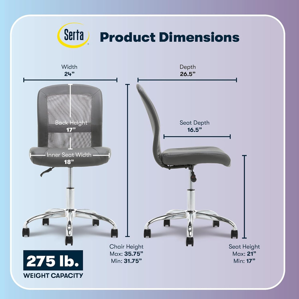 Serta Essential Armless TaskChair, Small Desk Chairs with Wheels, Breathable Mesh Back and Faux Leather, Quality Foam Cushion Seat for Comfort, Minimal Design for Vanity Table, Gray