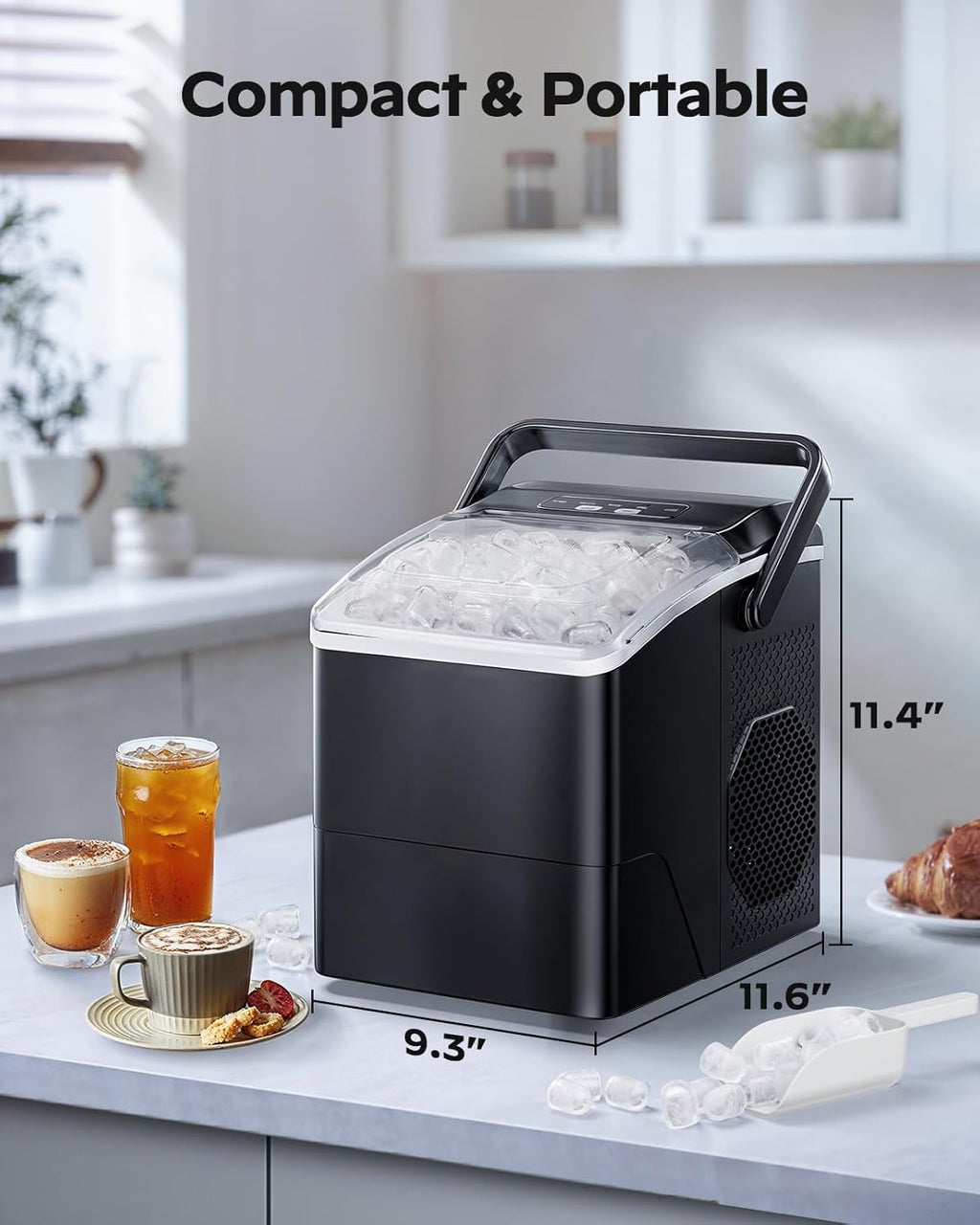 HOMEZAY Ice Maker Countertop, 9 Cubes Ready in 6 Mins, 26 lbs per Day, Ice Machine with 2 Ice Sizes and Self-Cleaning, Portable Ice Maker with Handle for Home, Kitchen, Camping, RV, Office, Black
