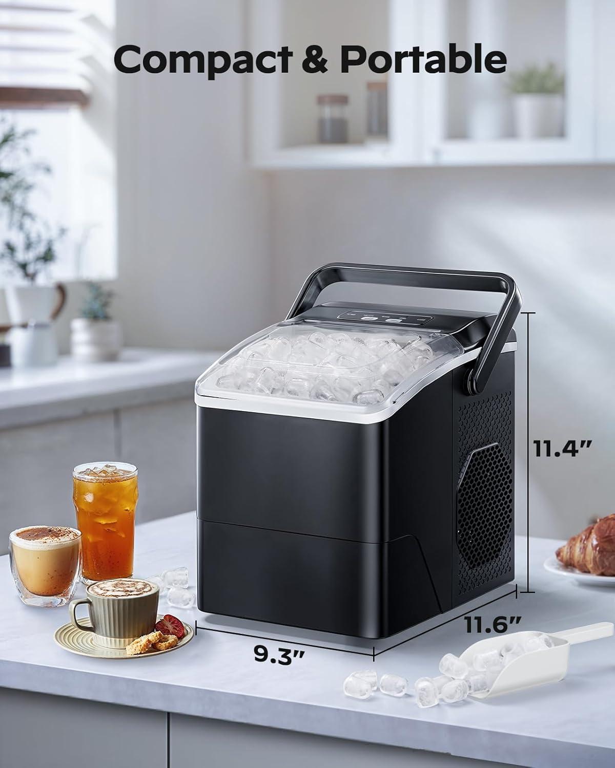 HOMEZAY Ice Maker Countertop, 9 Cubes Ready in 6 Mins, 26 lbs per Day, Ice Machine with 2 Ice Sizes and Self-Cleaning, Portable Ice Maker with Handle for Home, Kitchen, Camping, RV, Office, Black