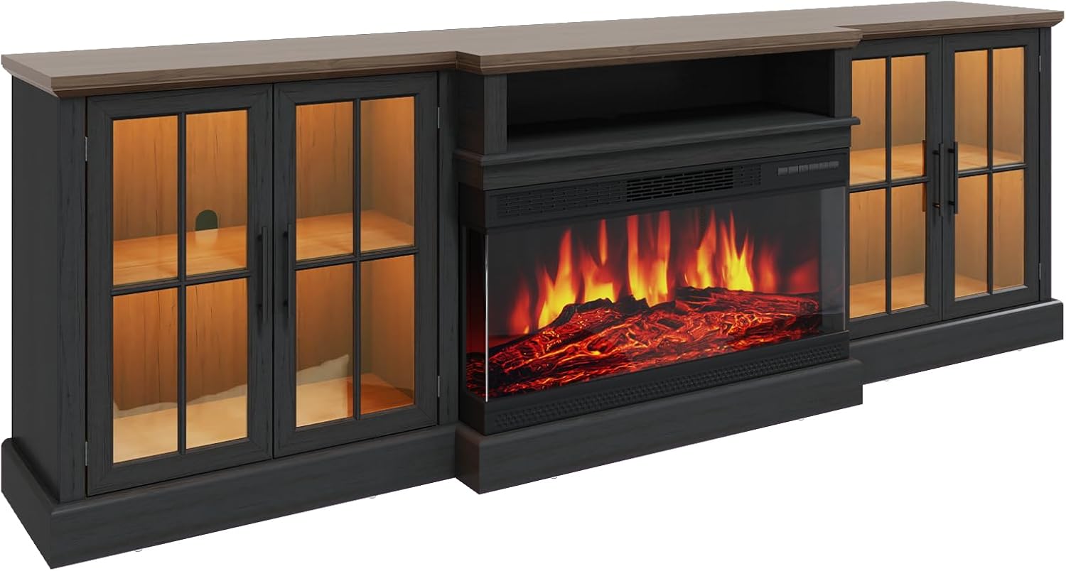 98" Farmhouse TV Stand with 36" Fireplace for Living Room,Media Entertainment Center with Adjustable Shelves and Large Storage Cabinets, TVs up to 100", Black