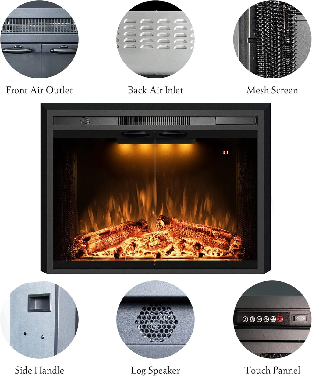 Benrocks 36” Electric Fireplace Inserts with Glass Door and Mesh Screen, Multicolor Flames & Fire Crackling Sounds, Timer, Overheating Protection Fireplace Heater, 750/1500W