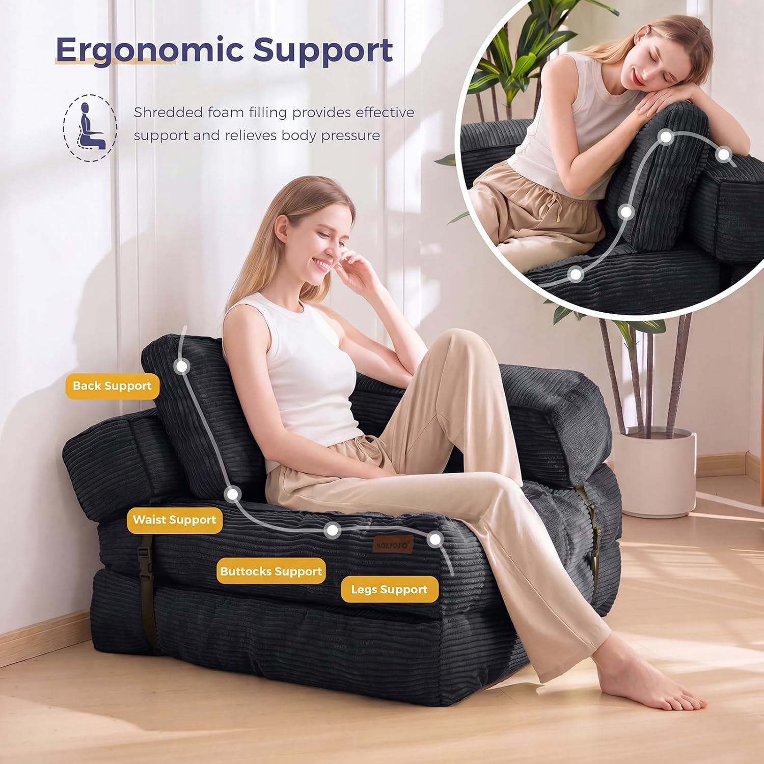 MAXYOYO Folding Sofa Bed, L-Shaped Convertible Sofa with Armrest Foldable Sleeper Bed with Pillow, Portable Fold Out Chair Comfy Floor Lounge for Living Room Bedroom, Black