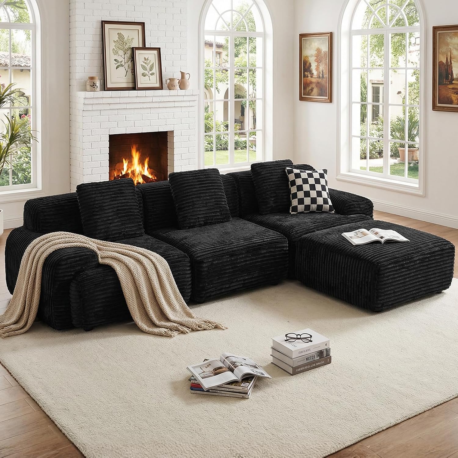 VK·LIVING 113" Cloud Sectional Couch 16.5'' Seat Height Sofa (Black)