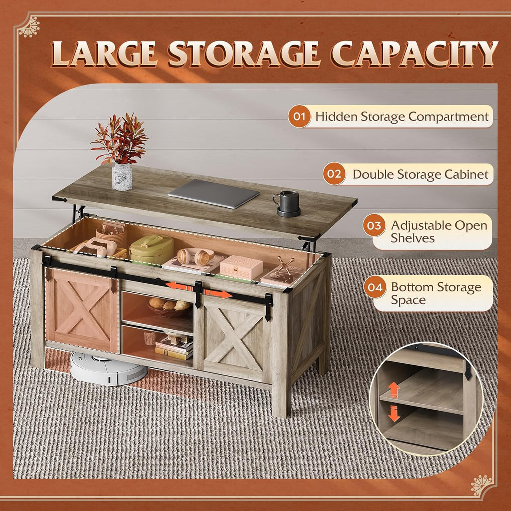 WLIVE 47.3" Farmhouse Lift Top Coffee Table with Sliding Barn Doors, Large Hidden Storage Compartment and Adjustable Shelf for Living Room,Office, Greige