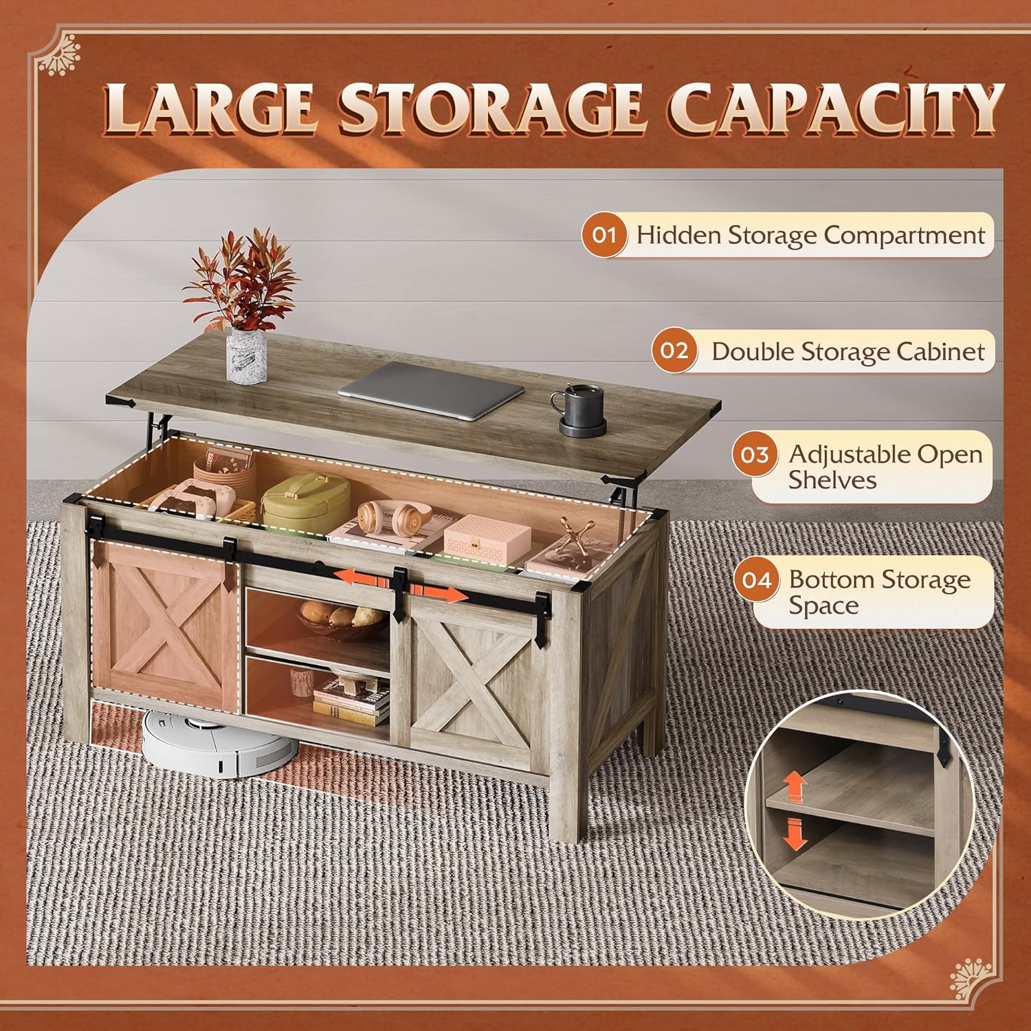 WLIVE 47.3" Farmhouse Lift Top Coffee Table with Sliding Barn Doors, Large Hidden Storage Compartment and Adjustable Shelf for Living Room,Office, Greige