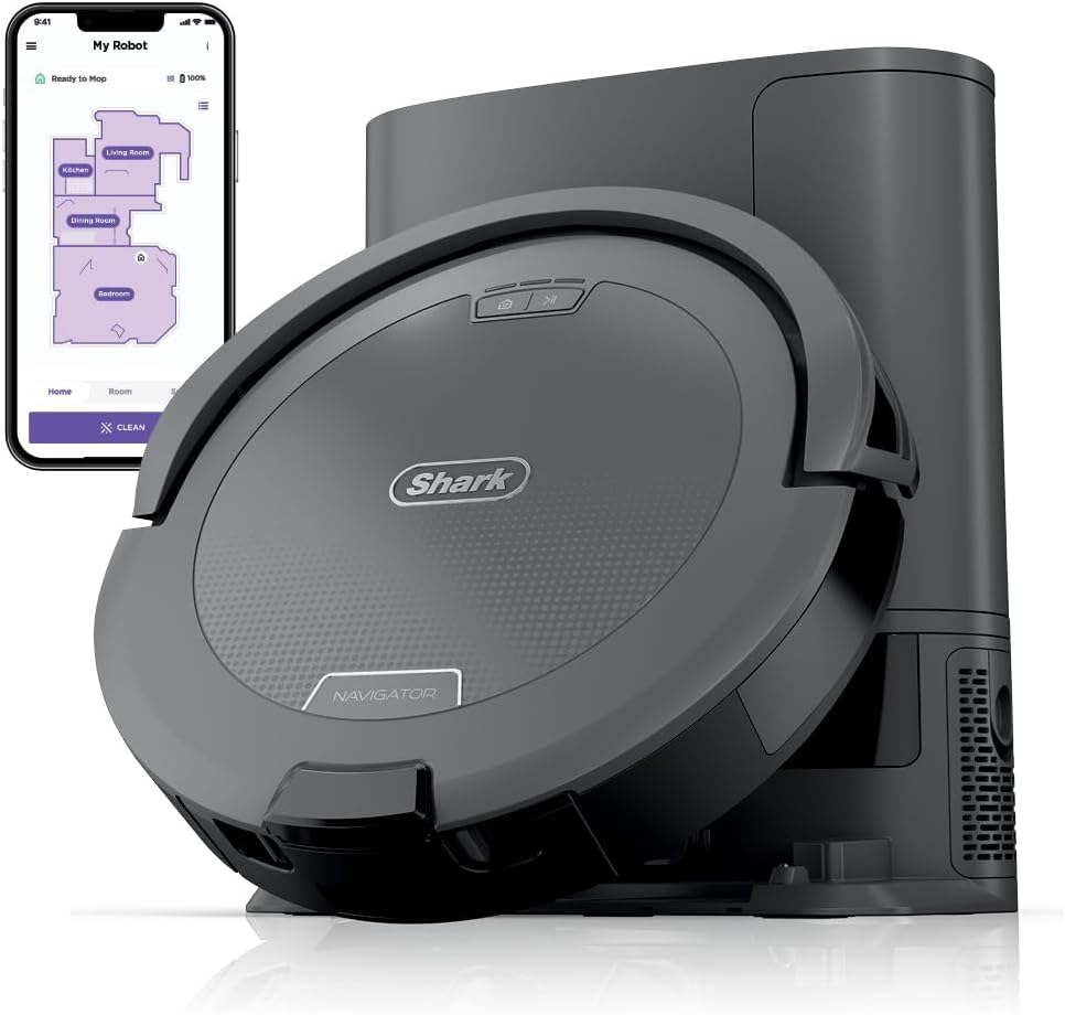 Shark Navigator Robot Vacuum and Self-Empty Base with Bagless 60-Day Capacity Self-Empty Base, SmartPath Navigation, Powerful Pet Hair Pickup, Anti-Hair Wrap, For Carpets & Hard Floors, Grey, RV2120AE